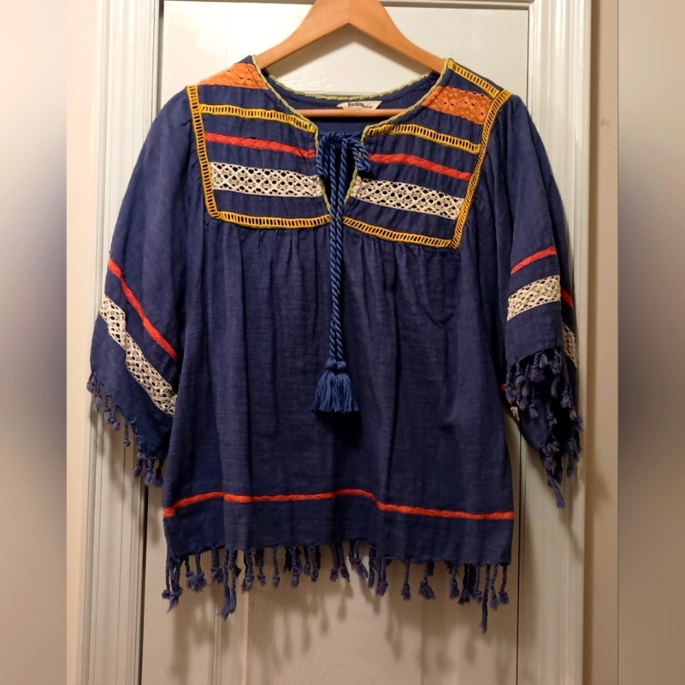 Rocks &Indigo Bohemian Blue Blouse with Tassels XL